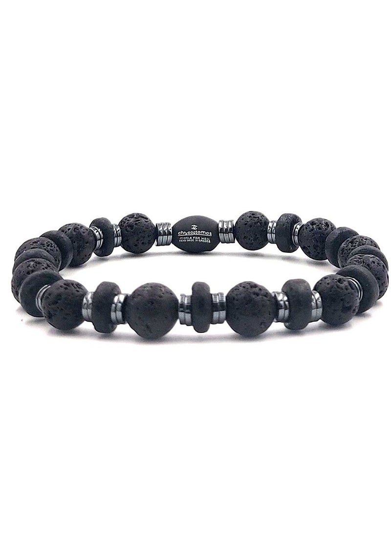 CHRYSOSTOMOS Handmade Beaded Bracelet with Black Lava, Coconut Grommet and Silver Hematite, Durable Silicone Elastic  - Image 1