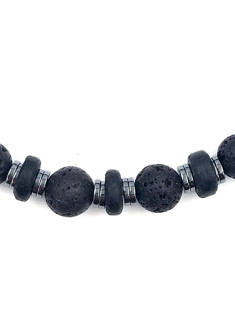 CHRYSOSTOMOS Handmade Beaded Bracelet with Black Lava, Coconut Grommet and Silver Hematite, Durable Silicone Elastic