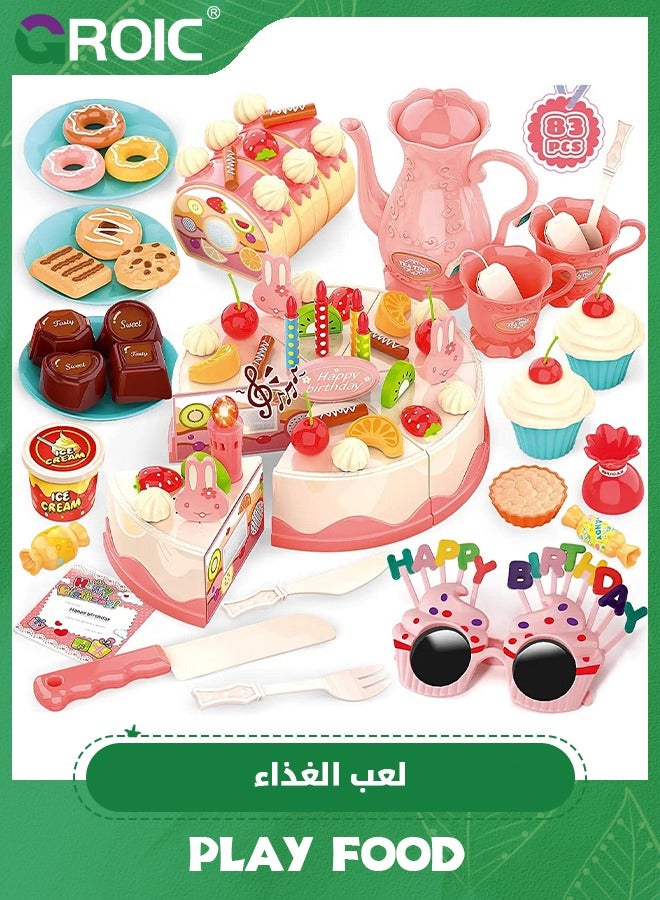 GROIC 82 Pcs Birthday Cake Toy, Cake Pretend Toy with Lights and Music, Kitchen Food Toys Set DIY Fruit Cutting Kitchen Toys Kids Kitchen Cake Playset Cut Cake Toys for Girls Boys Gift Food Play Set - Image 1