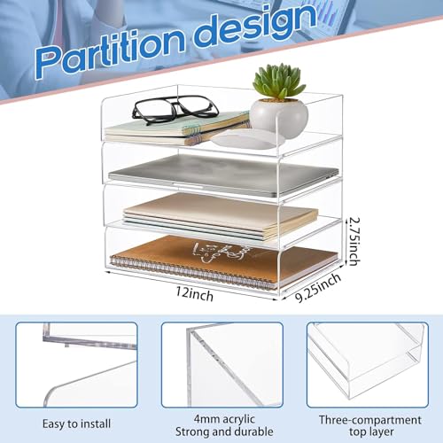 Harloon 4 Tier Acrylic Paper Tray Paper Organizer for Desk Clear File Organizer 12. 4 x 8. 7 x 2. 7 Inches File Tray for Office Workspace Desktop Storage, No Need to Assemble (Transparent) - Image 2