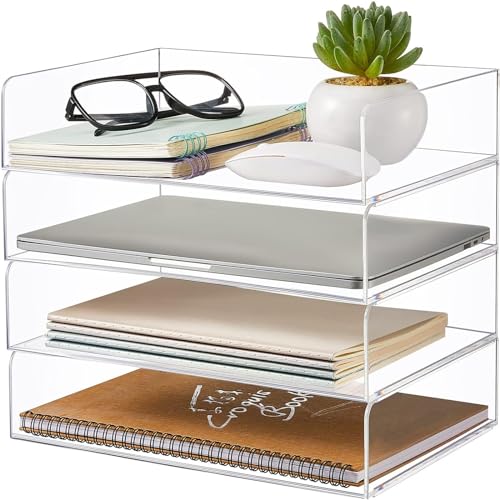 Harloon 4 Tier Acrylic Paper Tray Paper Organizer for Desk Clear File Organizer 12. 4 x 8. 7 x 2. 7 Inches File Tray for Office Workspace Desktop Storage, No Need to Assemble (Transparent) - Image 1