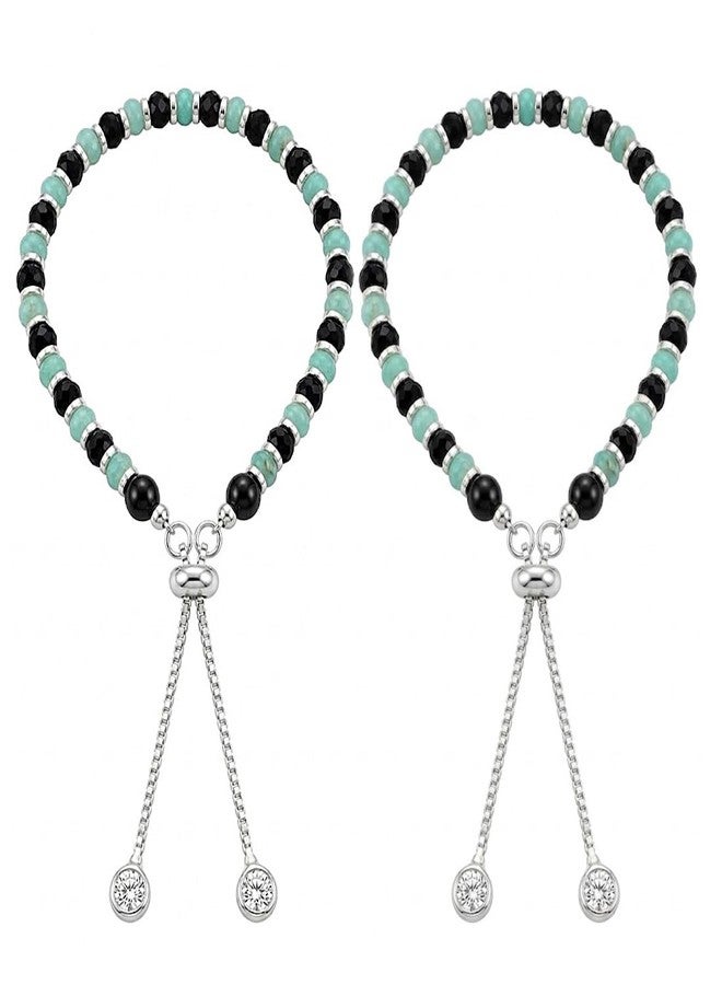 Parnika 925 Traditional Black & Colourful Crystals Baby Nazariya Bracelet in Pure 92.5 Sterling Silver for Kids - One pair (Design 7) - Image 1
