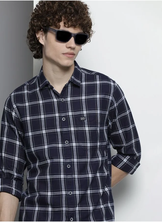 شركة المرآب الهندية Men Slim Fit Checkered Full Sleeves Spread Collar Casual Shirt