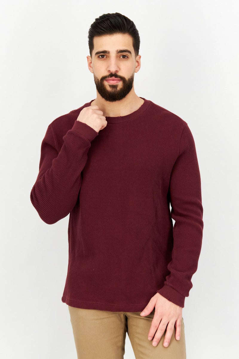 John Varvatos Men Crew Neck Textured Long Sleeves Sweater, Maroon - Image 1