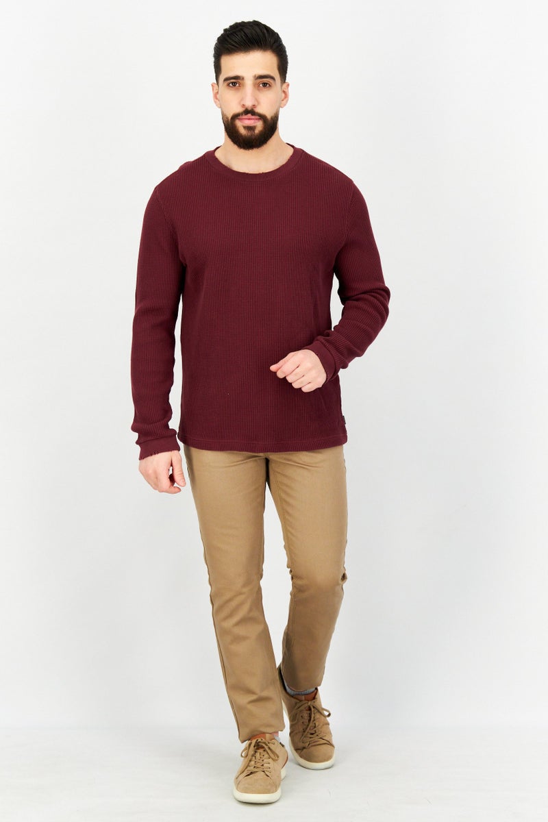 John Varvatos Men Crew Neck Textured Long Sleeves Sweater, Maroon - Image 2