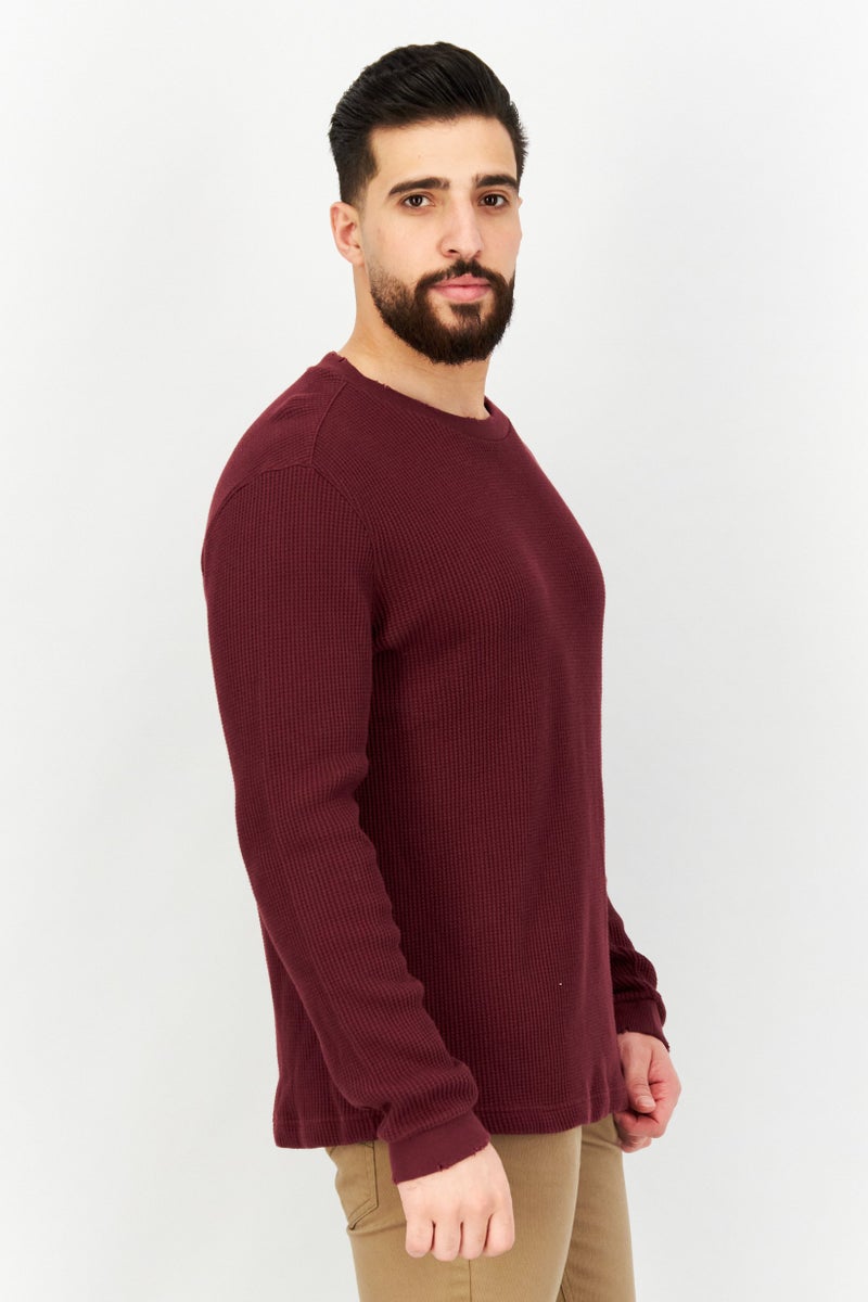 John Varvatos Men Crew Neck Textured Long Sleeves Sweater, Maroon - Image 4