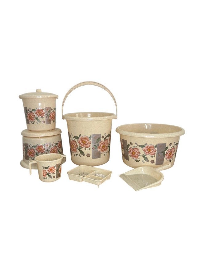 GinoSet® Plastic Bathroom Set 07 Pieces Heavy Duty, Large Capacity 1 Tub (20 LTR), 1 Bucket (18 LTR), 1 Patla, 1 Mug (1.5 LTR), 1 Soapcase,1 Dustpan. 1 Dustbin, (Brown) - Image 1