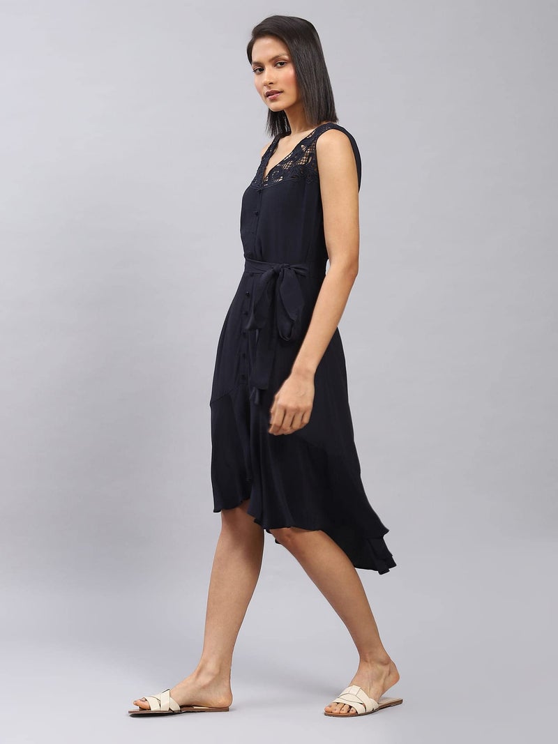 Label RITU KUMAR Navy Blue Tie-Up Midi Dress - Image 2