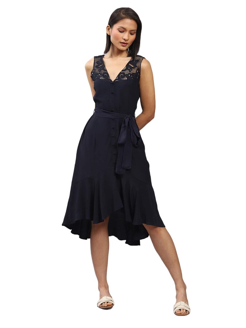 Label RITU KUMAR Navy Blue Tie-Up Midi Dress - Image 1