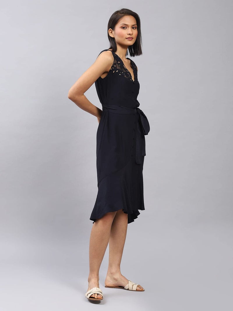 Label RITU KUMAR Navy Blue Tie-Up Midi Dress - Image 3