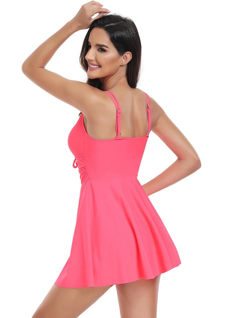 Womens Solid Color 2 Peice Set Swimsuits Slip Swim Dress And Thong Bottom Swimwear Bathing Suits Rose Pink  - Image 4