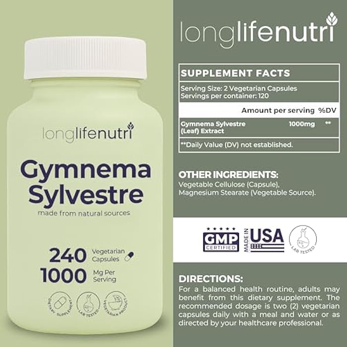 LongLifeNutri Gymnema Sylvestre 1000mg - Organic 20:1 Leaf Extract, 240 Vegetarian Capsules, 4-Month Supply, Herbal Supplement for Gut Health, GMP Certified, Made in USA - Image 2