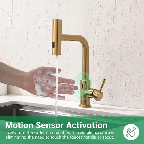 CENOSA Touchless Kitchen Faucet Motion Sensor Hands Free Single Handle Kitchen Sink Faucet with Pull Down Sprayer Brusshed Gold - Image 5