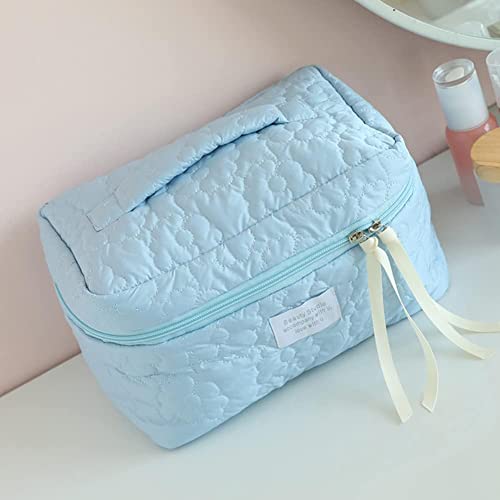 Sprqcart Quilted Cotton Makeup Bag for Women – Large Capacity Travel Cosmetic Organizer with Zipper – Cute Floral Toiletry Pouch – Handheld Portable Multifunctional Storage Purse | Blue - Image 4