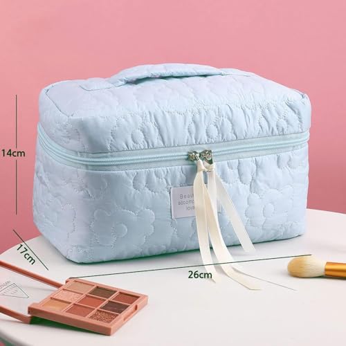 Sprqcart Quilted Cotton Makeup Bag for Women – Large Capacity Travel Cosmetic Organizer with Zipper – Cute Floral Toiletry Pouch – Handheld Portable Multifunctional Storage Purse | Blue - Image 2