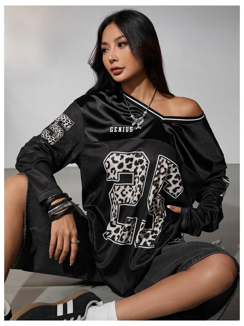 Verdusa Women's Oversized Leopard Y2K Jersey Shirts Number Graphic Tees Long Sleeve Tops Streetwear Black Small - Image 4