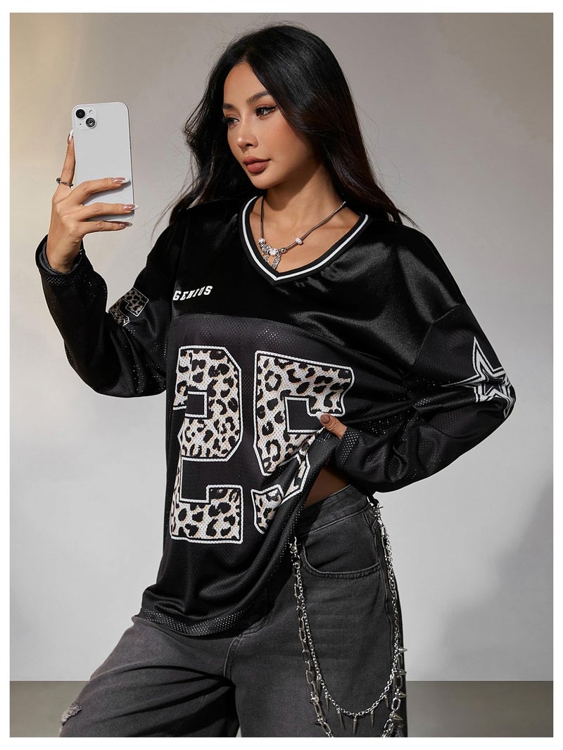 Verdusa Women's Oversized Leopard Y2K Jersey Shirts Number Graphic Tees Long Sleeve Tops Streetwear Black Small - Image 5