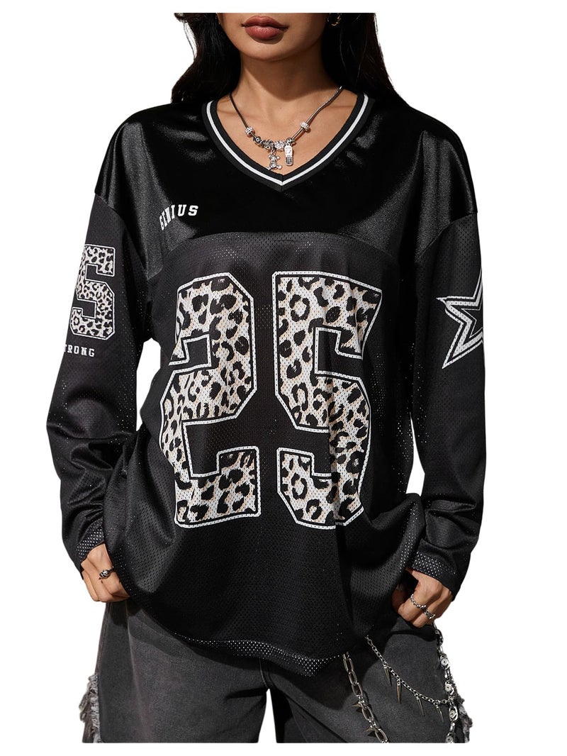 Verdusa Women's Oversized Leopard Y2K Jersey Shirts Number Graphic Tees Long Sleeve Tops Streetwear Black Small - Image 1
