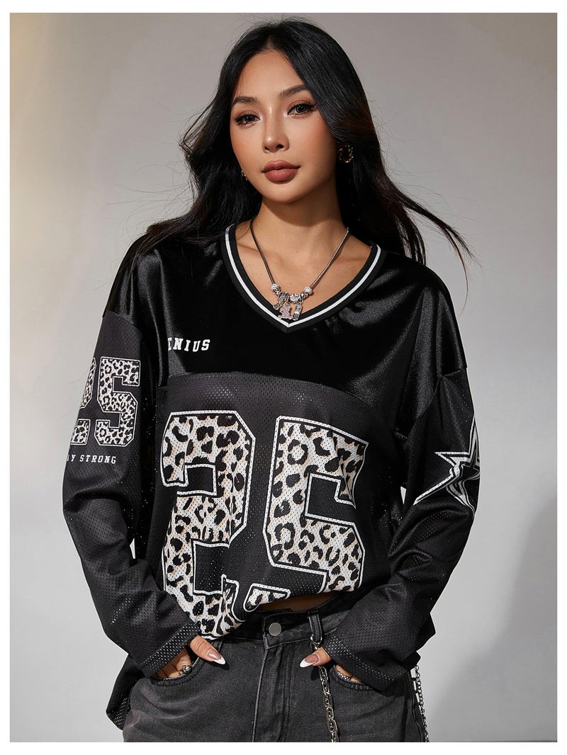 Verdusa Women's Oversized Leopard Y2K Jersey Shirts Number Graphic Tees Long Sleeve Tops Streetwear Black Small - Image 3