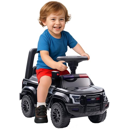 Aosom Kids Push Ride On Car with Working PA System and Horn Police Truck Style FoottoFloor Sliding Car for Boys and Girls with UnderSeat Storage for 18 Months to 5 Years Old Black - Image 1