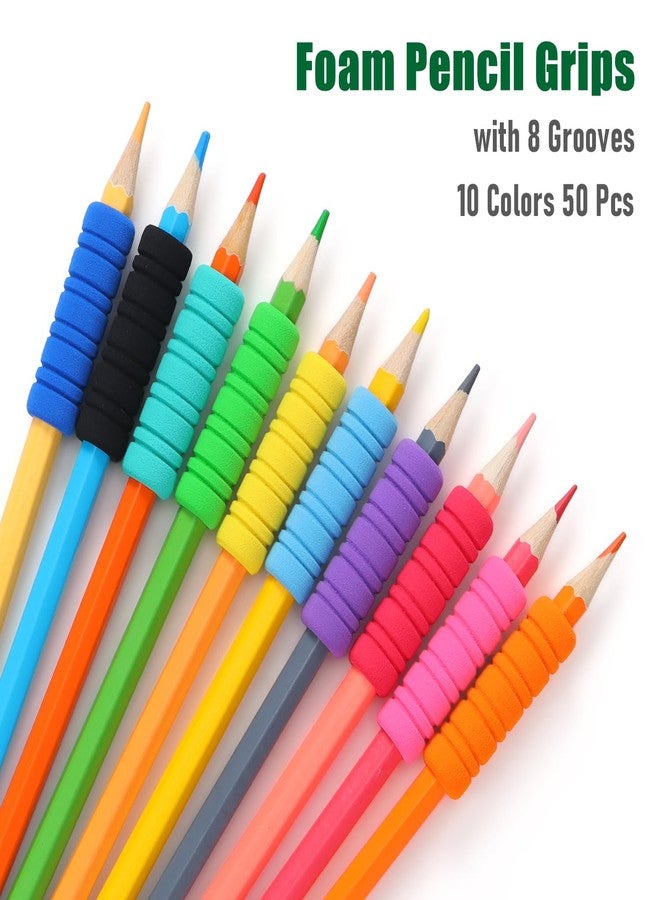 OSteed 50 Pcs Pencil Grips for Kids and Adults Handwriting, Comfort Pencil Grippers for Writing Aid, Mechanical Pencil Holder Cushion with Plain Stipes, Foam Finger Grips, 10 Colors - Image 2