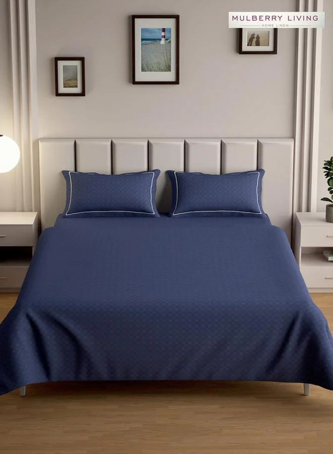 Mulberry Living 100% Cotton Queen Fitted Bedsheet With 2 Pillow Covers - 300Tc Urban Grid - Mediterranean Blue