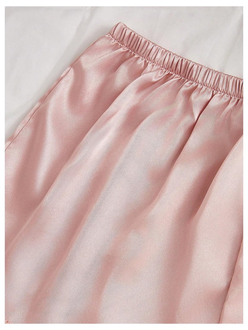 SweatyRocks Women's Silk Pajamas Set 4pcs with Robe Lace Trim Shorts Lounge Sets Pants Sleepwear Pink Small - Image 5