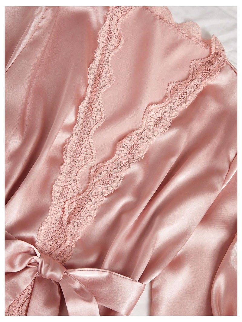 SweatyRocks Women's Silk Pajamas Set 4pcs with Robe Lace Trim Shorts Lounge Sets Pants Sleepwear Pink Small - Image 2