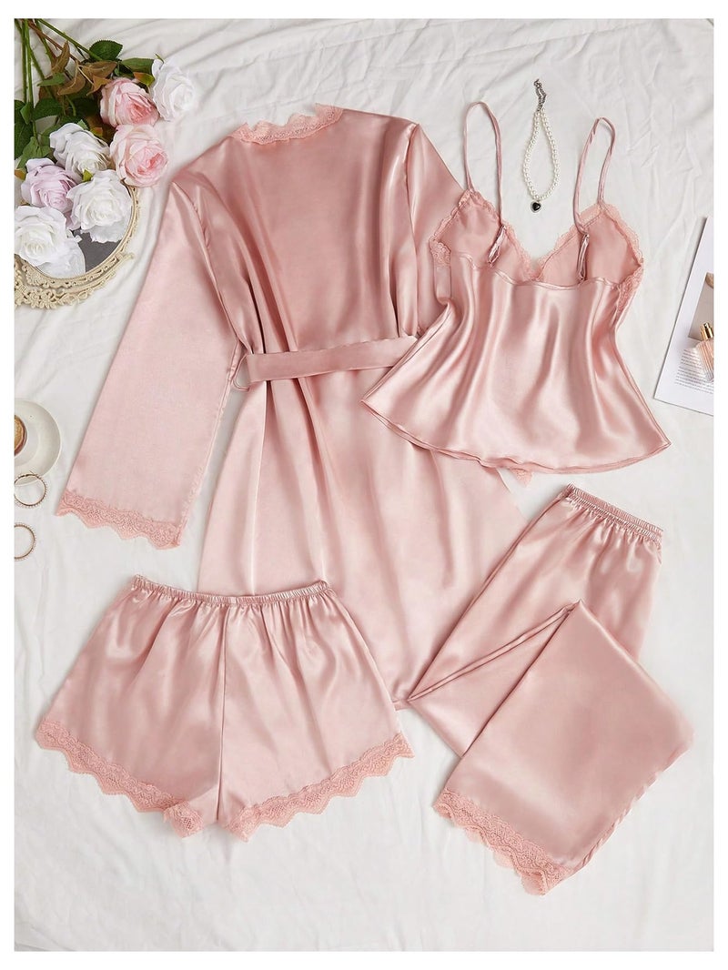 SweatyRocks Women's Silk Pajamas Set 4pcs with Robe Lace Trim Shorts Lounge Sets Pants Sleepwear Pink Small - Image 3