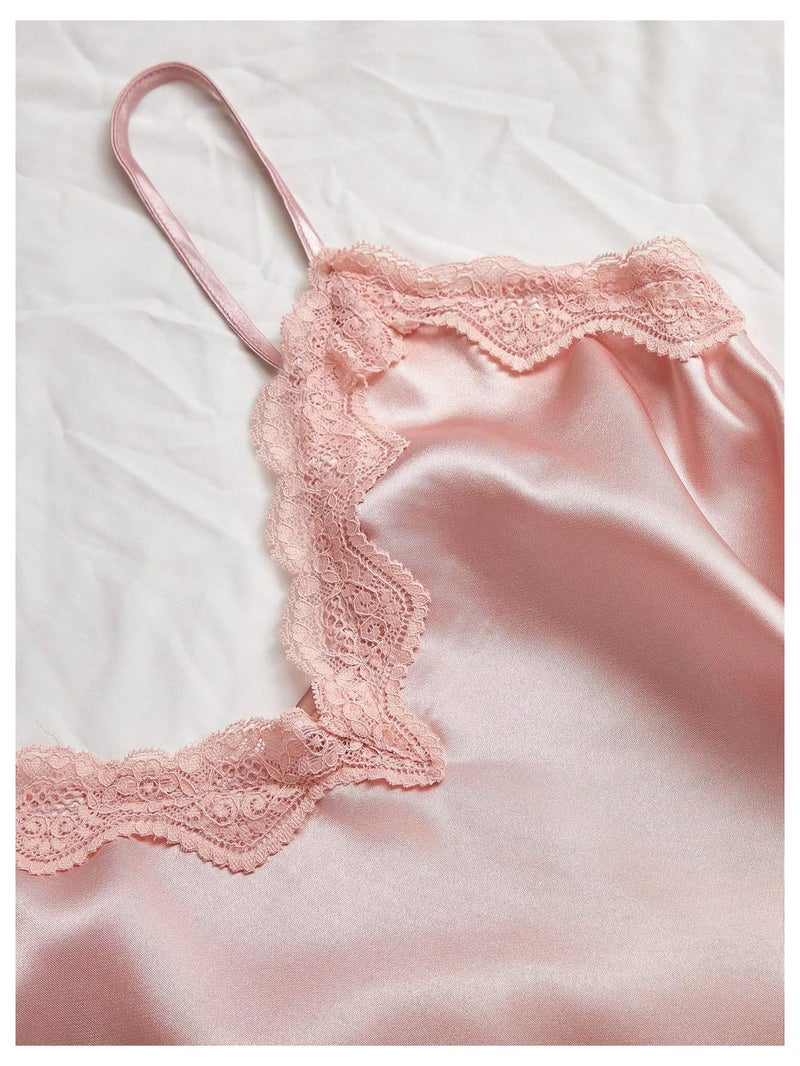 SweatyRocks Women's Silk Pajamas Set 4pcs with Robe Lace Trim Shorts Lounge Sets Pants Sleepwear Pink Small - Image 4