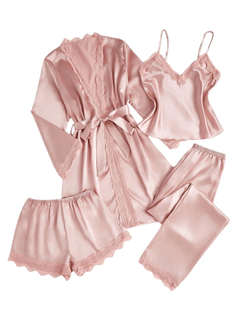SweatyRocks Women's Silk Pajamas Set 4pcs with Robe Lace Trim Shorts Lounge Sets Pants Sleepwear Pink Small - Image 1