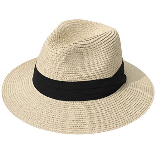 Lanzom Women Wide Brim Straw Panama Roll up Hat Fedora Beach Sun Hat UPF50+(Khaki,Large-X-Large) - Image 1