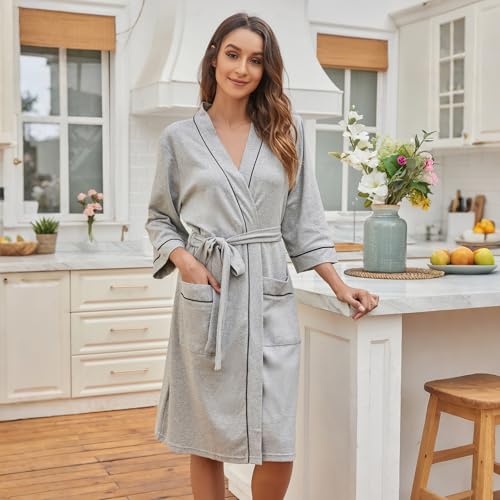 HEARTNICE Womens Cotton Robe, Soft Kimono Spa Knit Long Bathrobe Lightweight Loungewear(Grey mel.,S) - Image 2