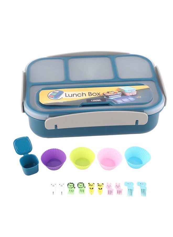 Thoraya 16PCS Set Bento Box Reusable 1300ml 4 Compartment Adult Lunch Box with Spoon for Fruit Lunch Blue  - Image 1