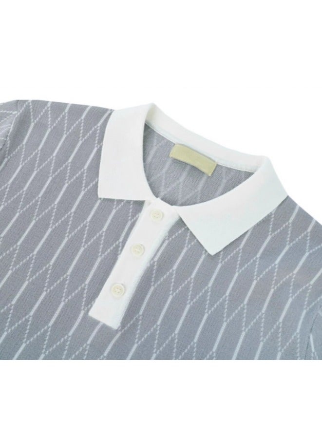 Men's Business and Leisure Color blocked Grid Knitted Polo Shirt - Image 4