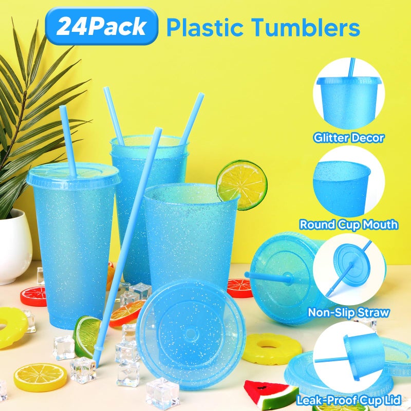 LEIFEOSH 24 Pack Plastic Tumblers with Lids and Straws  Reusable Cups with Lids Plastic Colorful Cups for Parties Birthdays  Iced Coffee Cup Travel Mug Cold Drink Cups Bulk Tumblers (24 oz  Blue) - Image 2