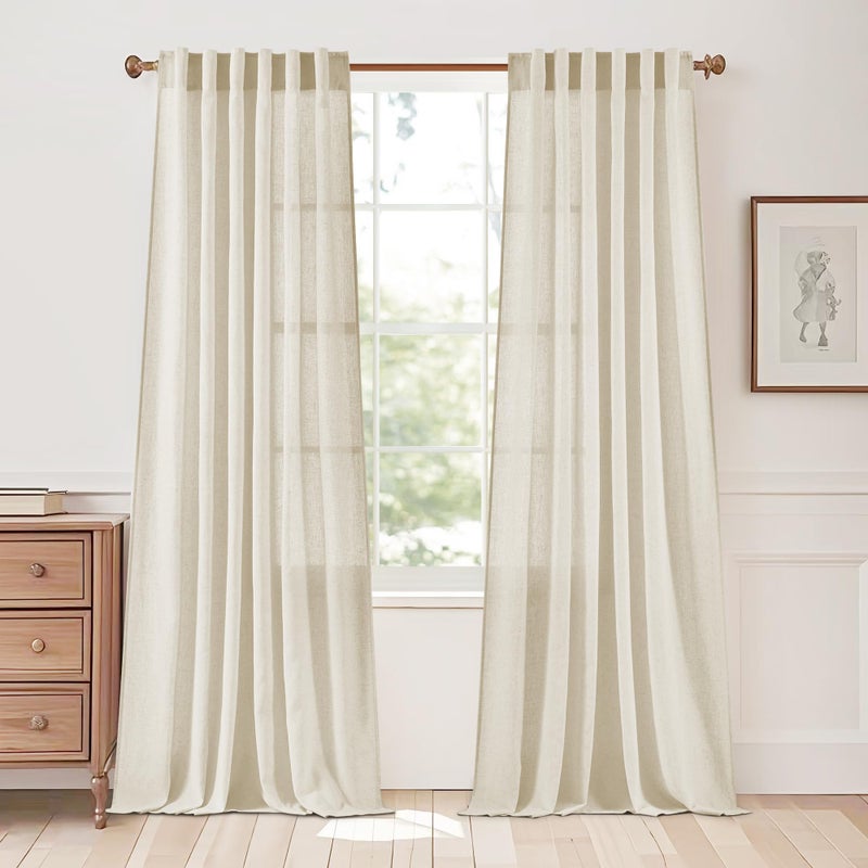 StangH Sheer Linen Curtains 84 inch Length 2 Panels Set Natural Flax Linen Semi Sheer Curtains Soft Breathable Light Filtering Farmhouse Drapes for Living Room Sliding Door W55 x L84