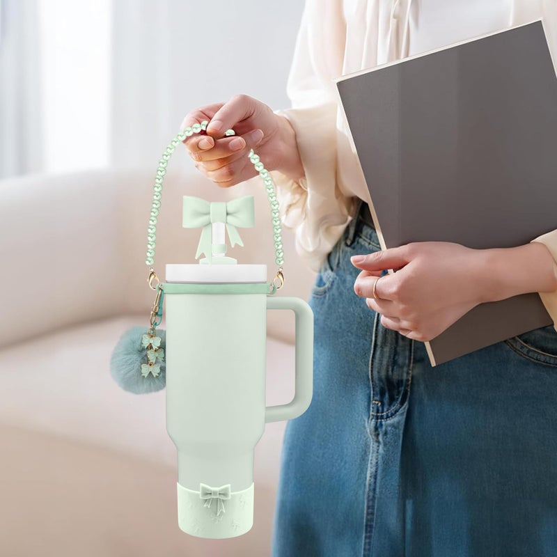 Hpebl 7PCS Light Green of Stanley Cup Accessories Set 30/40 Oz Pearl Bow Charms for Stanley Decorations Water Bottle Tumbler Accessories Including Bow Straw Topper, Pom Pom Keychain, Tumbler Boot - Image 4