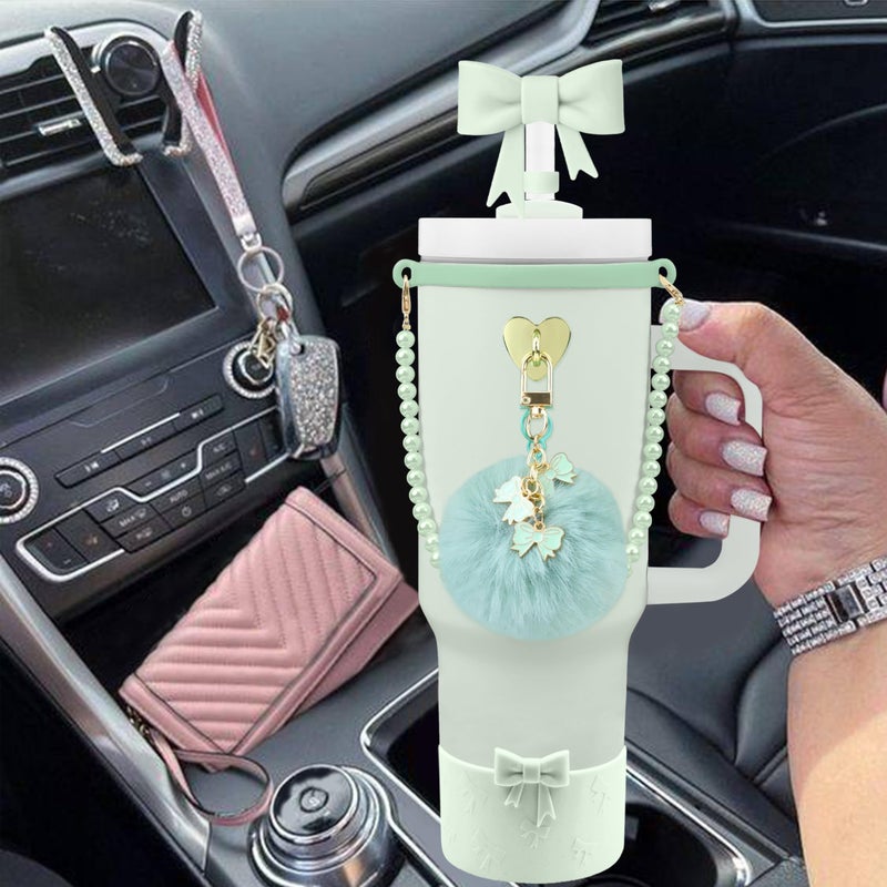 Hpebl 7PCS Light Green of Stanley Cup Accessories Set 30/40 Oz Pearl Bow Charms for Stanley Decorations Water Bottle Tumbler Accessories Including Bow Straw Topper, Pom Pom Keychain, Tumbler Boot - Image 5
