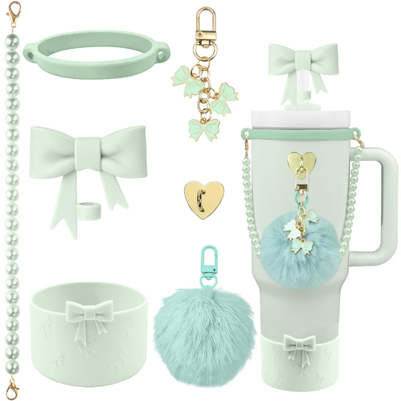 Hpebl 7PCS Light Green of Stanley Cup Accessories Set 30/40 Oz Pearl Bow Charms for Stanley Decorations Water Bottle Tumbler Accessories Including Bow Straw Topper, Pom Pom Keychain, Tumbler Boot - Image 1