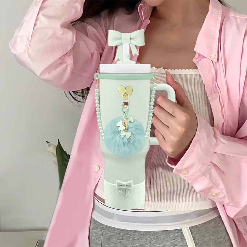 Hpebl 7PCS Light Green of Stanley Cup Accessories Set 30/40 Oz Pearl Bow Charms for Stanley Decorations Water Bottle Tumbler Accessories Including Bow Straw Topper, Pom Pom Keychain, Tumbler Boot - Image 2