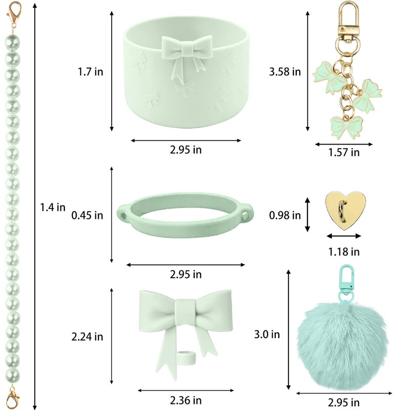 Hpebl 7PCS Light Green of Stanley Cup Accessories Set 30/40 Oz Pearl Bow Charms for Stanley Decorations Water Bottle Tumbler Accessories Including Bow Straw Topper, Pom Pom Keychain, Tumbler Boot - Image 3