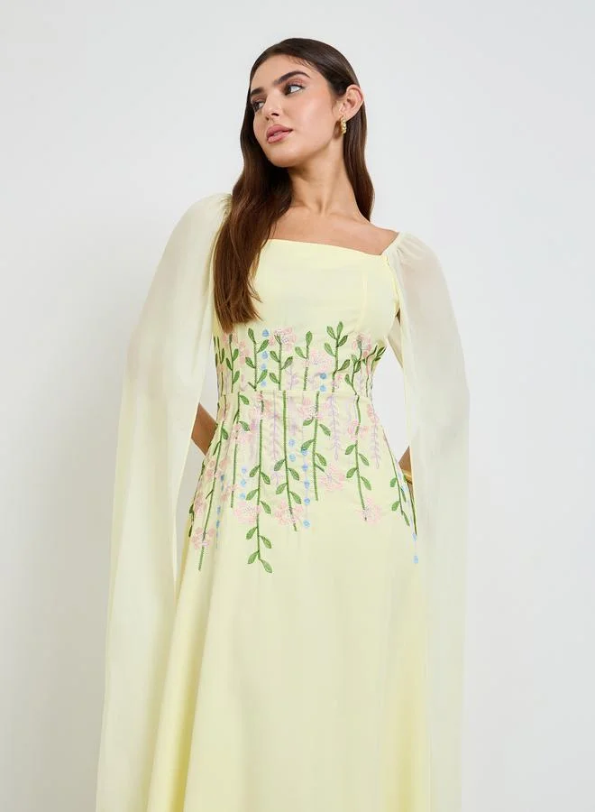 تايك تو Yellow Embroidered Cape Sleeves Maxi Dress