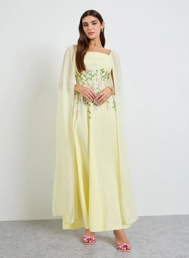 تايك تو Yellow Embroidered Cape Sleeves Maxi Dress