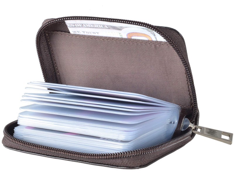 Easyoulife Genuine Leather Credit Card Holder Zipper Wallet With 26 Card Slots (Coffee) - Image 1