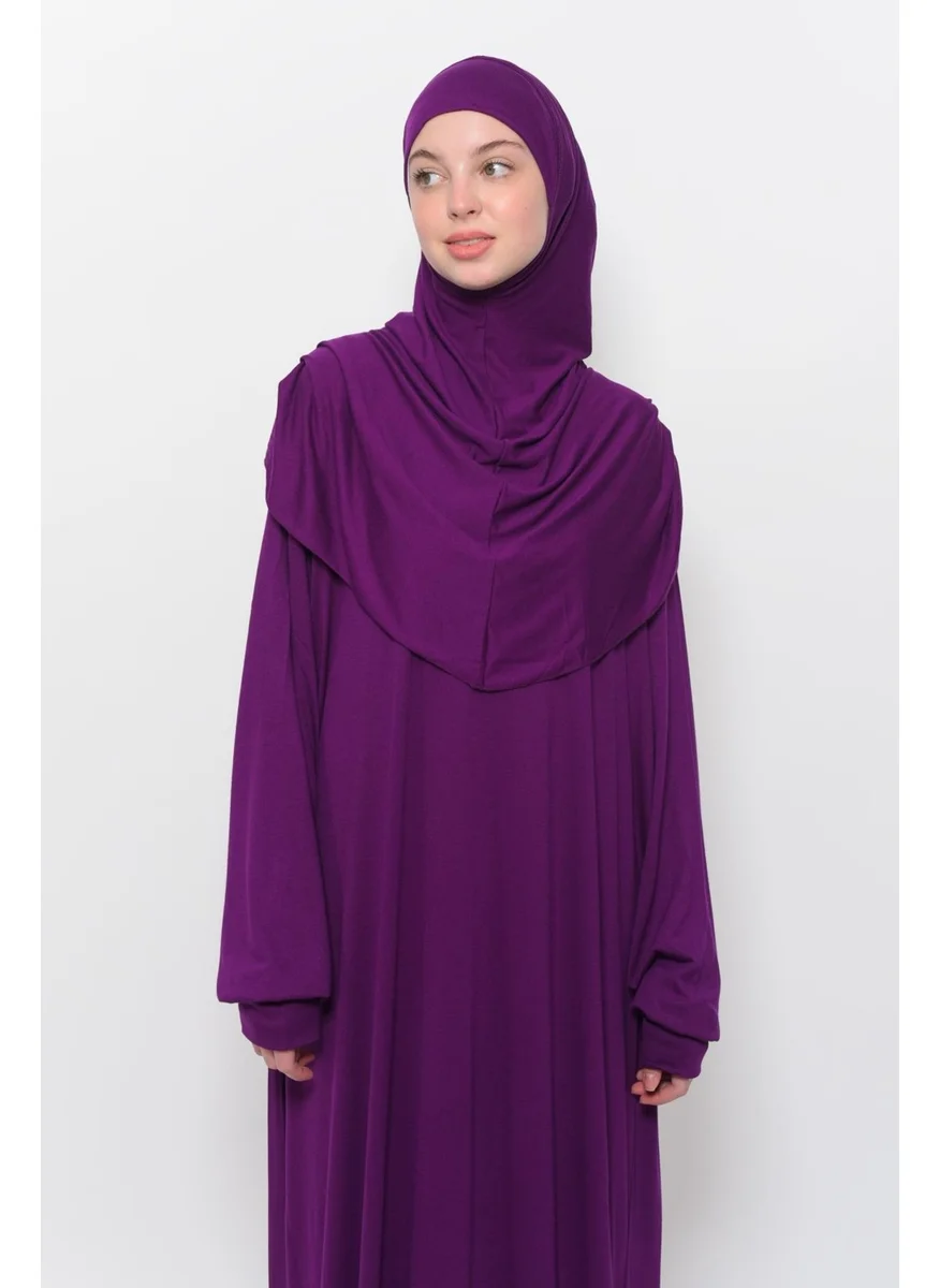 التوبة Practical One Piece Cotton Bat Sleeves Removable Organic Hijab Prayer Dress with Headscarf - Light Plum