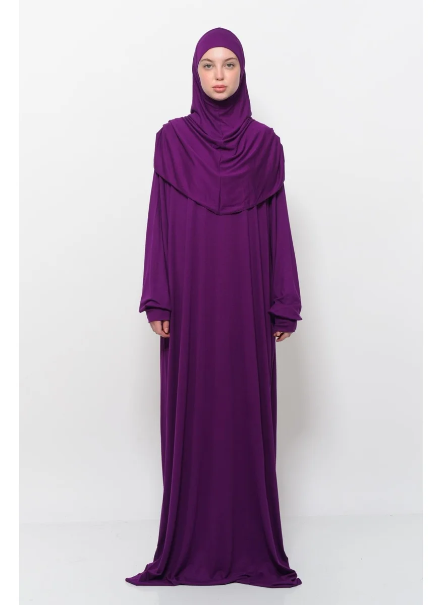 التوبة Practical One Piece Cotton Bat Sleeves Removable Organic Hijab Prayer Dress with Headscarf - Light Plum