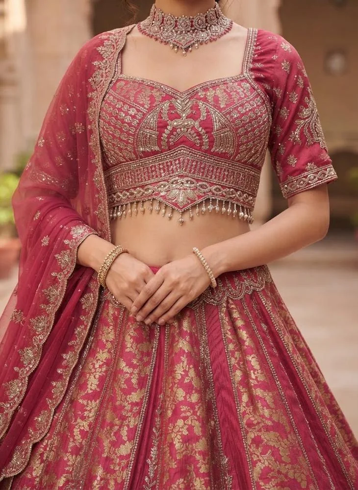 Viny VINY Rose Pink 3-Piece Zari Embroidered Lehenga Set – Women's Indian Ethnic Wear