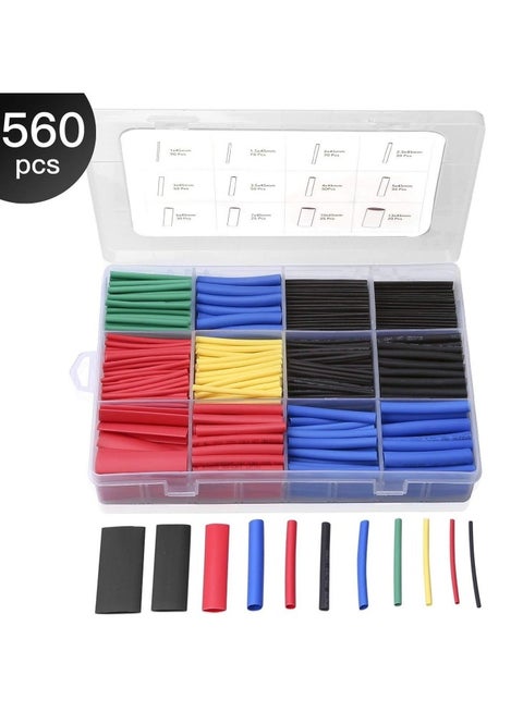 560 قطعة/المجموعة/المجموعة أنابيب الانكماش الحراري العازلة القابلة للانكماش تشكيلة نسبة البولي أوليفين الإلكترونية 2:1 سلك لف كابل كم عدة حامي الكابل سلك حماية إدارة الكابلات