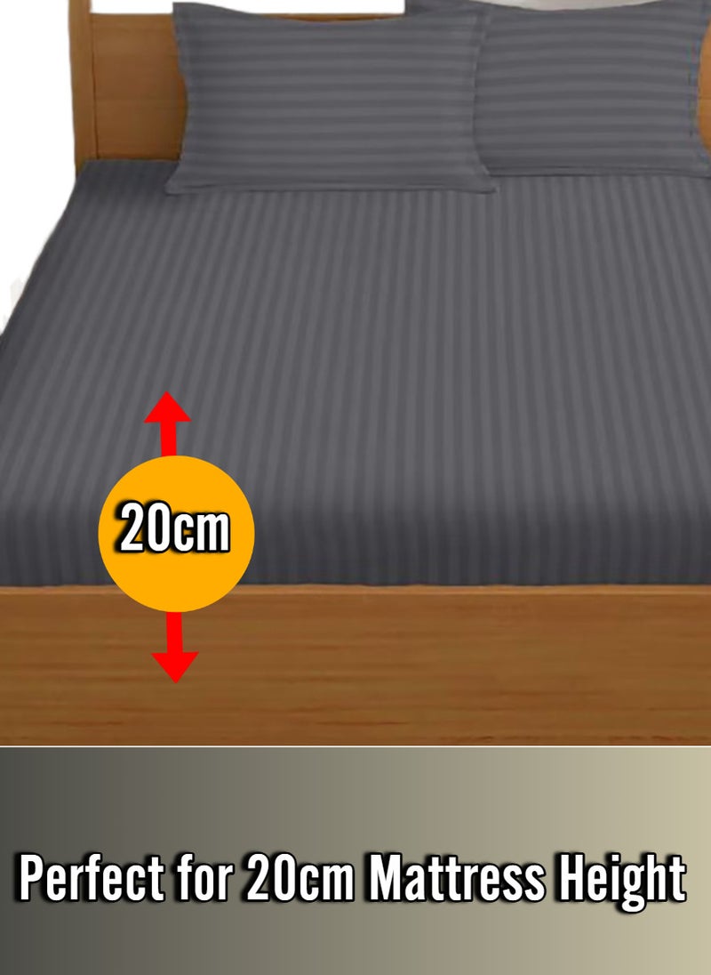 Blueberry Cloudy Grey Cotton Queen Striped Fitted Elastic Bedsheet Sets 180x200+20cm - Image 2